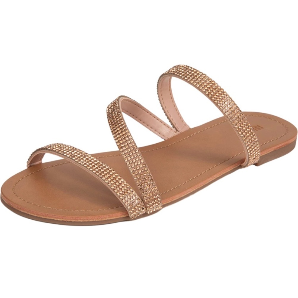 New REDTOP Women's Slip on Flat Sandals Casual Bling Rhinestone Strap Sandals